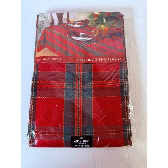 Christmas Royale Vintage Oblong Plaid Tablecloth Red Multi Holiday Party 85-18 - Picture 1 of 6